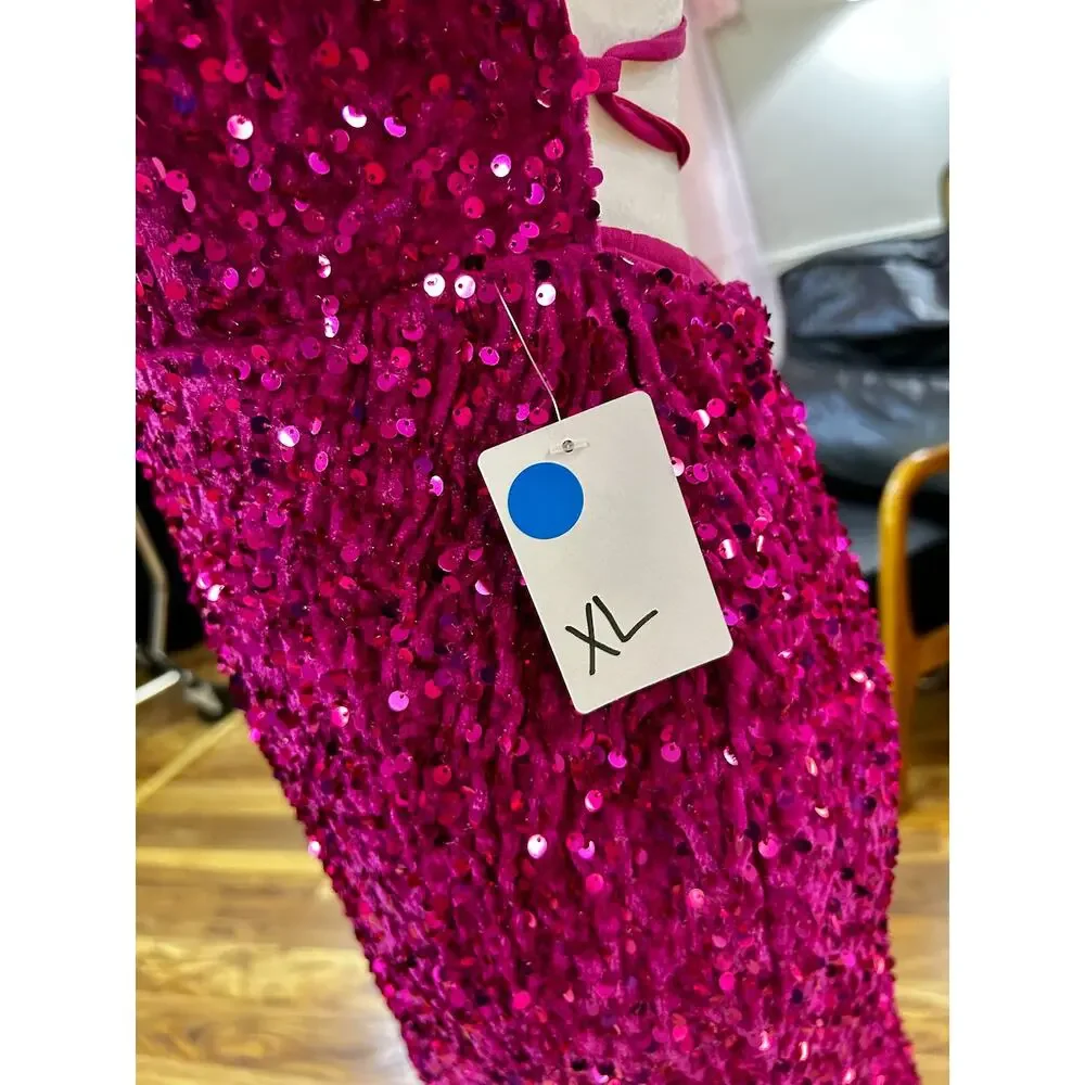 Fuchsia Sequin Mermaid XL Gown Lace Up Back Formal Prom Evening Dress - Picture 7 of 7